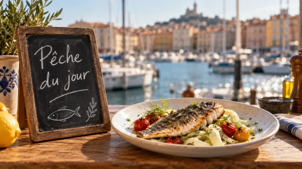 Restaurant poisson Marseille : pêche du jour sur ardoise, daurade grillée au Vieux-Port