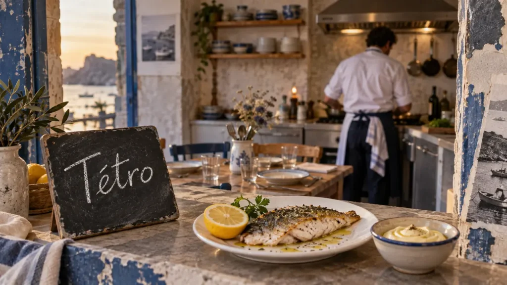 Tetro marseille, table iodée : assiette de poisson, aïoli, citron