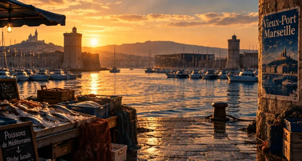 circuit visiter marseille, Vieux-Port Marseille au golden hour, rade et forts