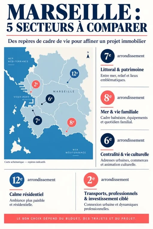 Infographie comparative pour choisir le meilleur arrondissement de Marseille selon le cadre de vie, les trajets et le projet immobilier
