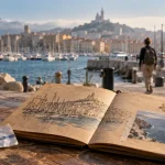 Tourisme durable marseille : carnet et gourde devant le Vieux-Port et la mer